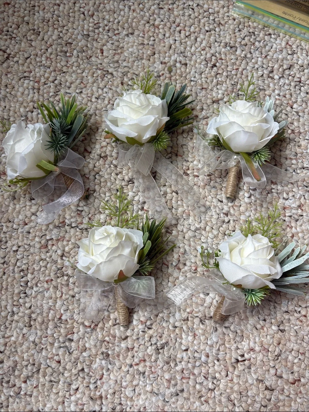 5 Elegant White Rose Boutonniere Set with Green Foliage